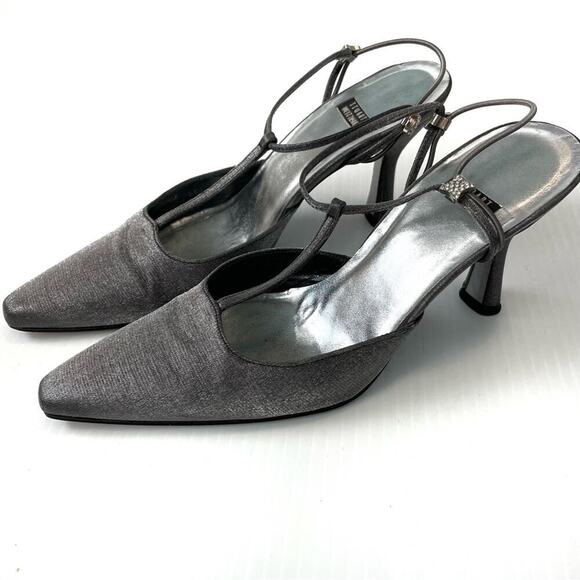 Stuart Weitzman t-strap pointy toe pumps heels silver embellished strap size 6.5 - Picture 1 of 10